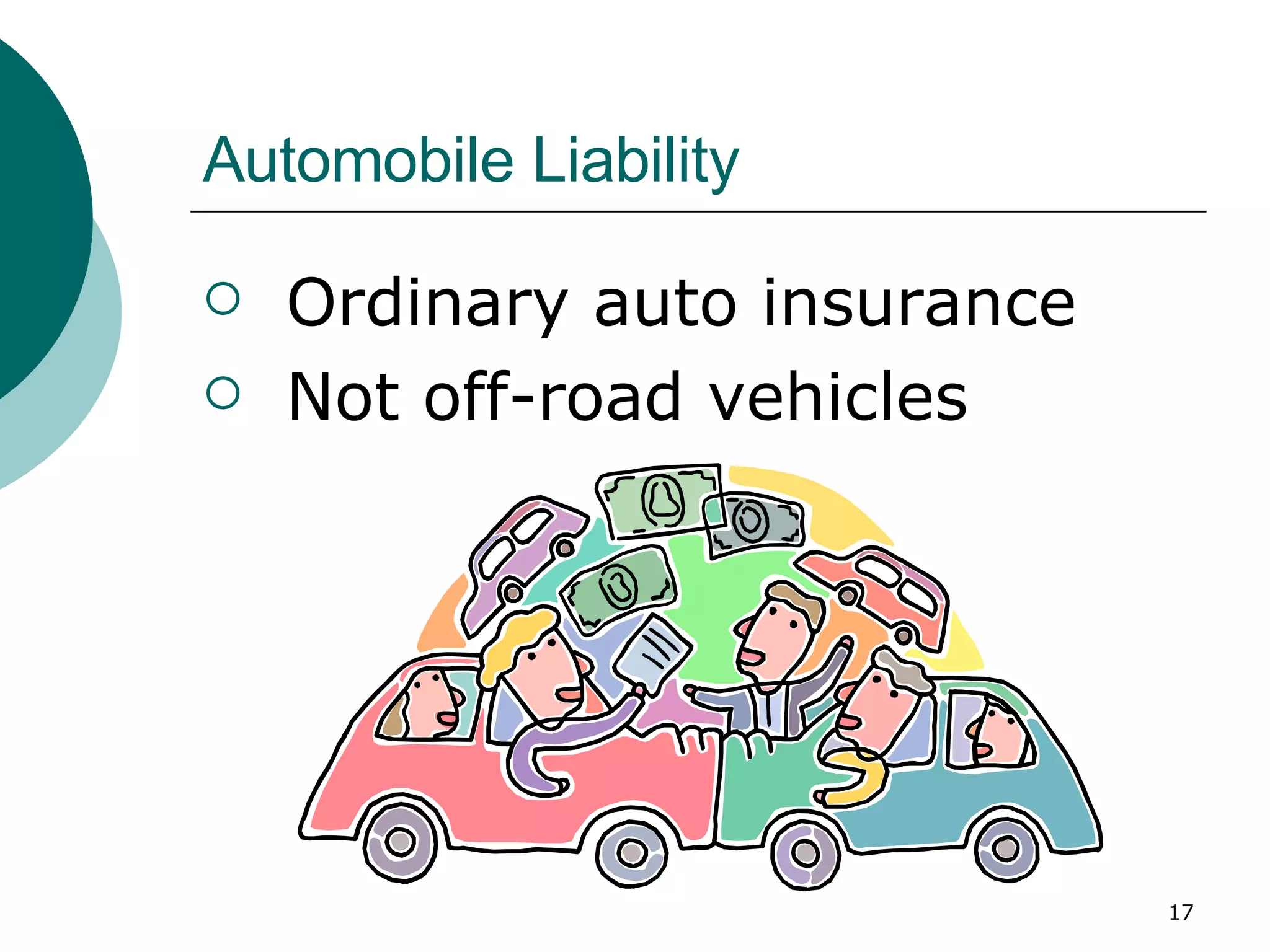 Automobile Liability Ordinary auto insurance Not off-road vehicles 
