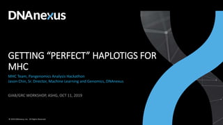 © 2019 DNAnexus, Inc. All Rights Reserved.
GETTING “PERFECT” HAPLOTIGS FOR
MHC
MHC Team, Pangenomics Analysis Hackathon
Jason Chin, Sr. Director, Machine Learning and Genomics, DNAnexus
GIAB/GRC WORKSHOP, ASHG, OCT 11, 2019
 