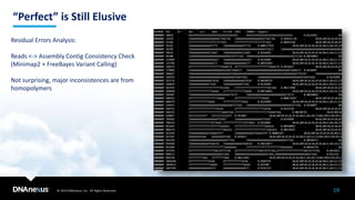 © 2019 DNAnexus, Inc. All Rights Reserved.
“Perfect” is Still Elusive
19
Residual Errors Analysis:
Reads <-> Assembly Contig Consistency Check
(Minimap2 + FreeBayes Variant Calling)
Not surprising, major inconsistences are from
homopolymers
 