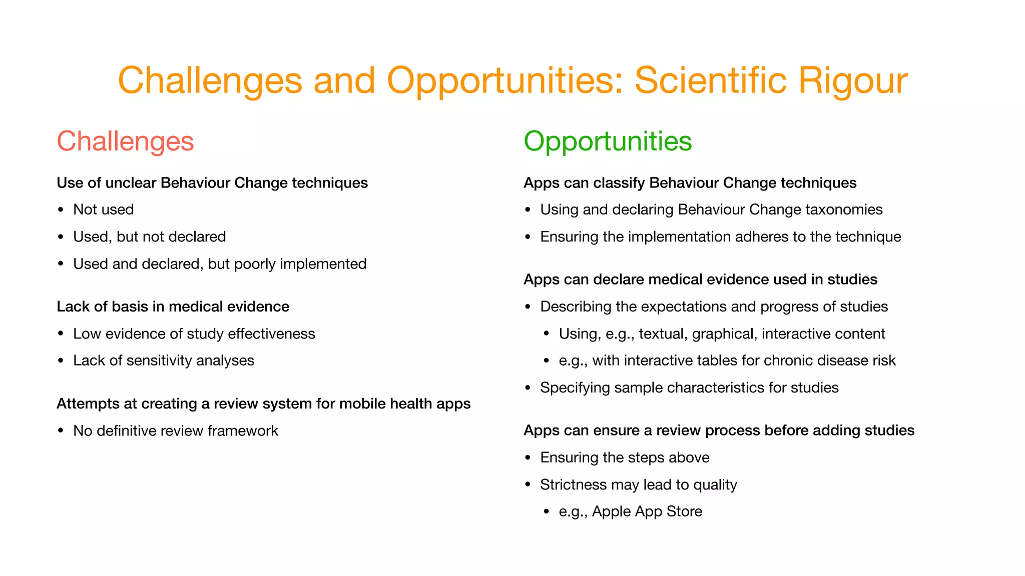 Challenges and Opportunities: Scientiﬁc Rigour
Challenges

Use of unclear Behaviour Change techniques
• Not used

• Used, but not declared

• Used and declared, but poorly implemented

Lack of basis in medical evidence
• Low evidence of study eﬀectiveness

• Lack of sensitivity analyses

Attempts at creating a review system for mobile health apps
• No deﬁnitive review framework
Opportunities

Apps can classify Behaviour Change techniques
• Using and declaring Behaviour Change taxonomies

• Ensuring the implementation adheres to the technique

Apps can declare medical evidence used in studies
• Describing the expectations and progress of studies

• Using, e.g., textual, graphical, interactive content 

• e.g., with interactive tables for chronic disease risk

• Specifying sample characteristics for studies

Apps can ensure a review process before adding studies
• Ensuring the steps above

• Strictness may lead to quality

• e.g., Apple App Store
 