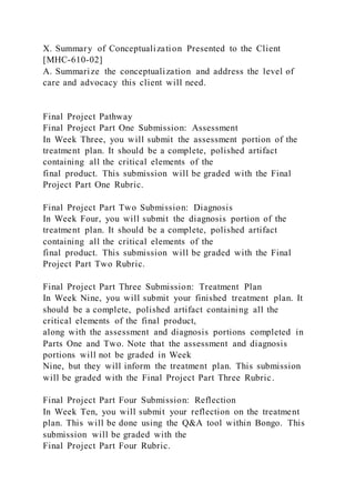X. Summary of Conceptualization Presented to the Client
[MHC-610-02]
A. Summarize the conceptualization and address the level of
care and advocacy this client will need.
Final Project Pathway
Final Project Part One Submission: Assessment
In Week Three, you will submit the assessment portion of the
treatment plan. It should be a complete, polished artifact
containing all the critical elements of the
final product. This submission will be graded with the Final
Project Part One Rubric.
Final Project Part Two Submission: Diagnosis
In Week Four, you will submit the diagnosis portion of the
treatment plan. It should be a complete, polished artifact
containing all the critical elements of the
final product. This submission will be graded with the Final
Project Part Two Rubric.
Final Project Part Three Submission: Treatment Plan
In Week Nine, you will submit your finished treatment plan. It
should be a complete, polished artifact containing all the
critical elements of the final product,
along with the assessment and diagnosis portions completed in
Parts One and Two. Note that the assessment and diagnosis
portions will not be graded in Week
Nine, but they will inform the treatment plan. This submission
will be graded with the Final Project Part Three Rubric.
Final Project Part Four Submission: Reflection
In Week Ten, you will submit your reflection on the treatment
plan. This will be done using the Q&A tool within Bongo. This
submission will be graded with the
Final Project Part Four Rubric.
 