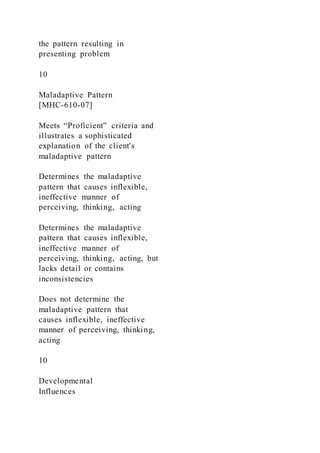 the pattern resulting in
presenting problem
10
Maladaptive Pattern
[MHC-610-07]
Meets “Proficient” criteria and
illustrates a sophisticated
explanation of the client's
maladaptive pattern
Determines the maladaptive
pattern that causes inflexible,
ineffective manner of
perceiving, thinking, acting
Determines the maladaptive
pattern that causes inflexible,
ineffective manner of
perceiving, thinking, acting, but
lacks detail or contains
inconsistencies
Does not determine the
maladaptive pattern that
causes inflexible, ineffective
manner of perceiving, thinking,
acting
10
Developmental
Influences
 