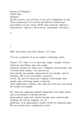 process will happen.]
SOAP Note
Guidance
[In this section, you will have to use your imagination on the
likely progression of a session and objective behavioral
presentation of your client. SOAP notes describe subjective
observations, objective observations, assessment, and plan.]
5
1
MHC 610 Client Case File Charles “CJ” Jones
You are a counselor in an on-campus counseling center.
Charles “CJ” Jones is a 21-year-old, single, straight, African
American and Lakota man who sought
treatment because he “feels lost,” withdrawn from friends, and
“worried about money.” He said he had
been feeling increasingly depressed for two months, and he
attributes this to two essentially concurrent
events: the end of a three-year romantic relationship (four
months ago) and being unable to find his
ideal employment situation. Mr. Jones has been on a job search
for around five months.
Mr. Jones has supported himself financially since high school
and is accustomed to feeling nervous
about making ends meet. He has become more worried after
breaking up with his longtime live-in
girlfriend, so he approached a family friend for financial help.
He was turned down, leading him to feel
 