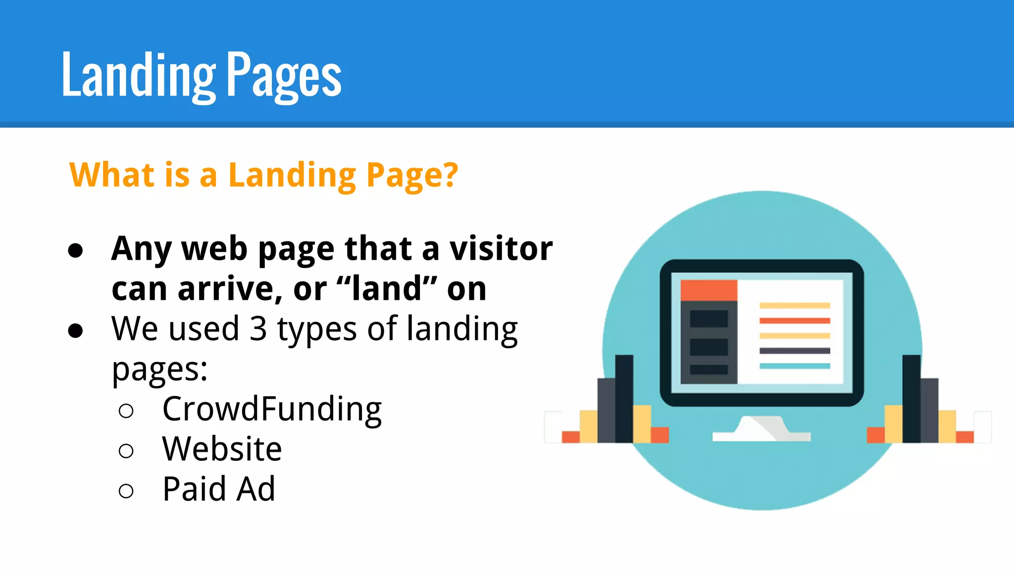 Landing Pages
What is a Landing Page?
● Any web page that a visitor
can arrive, or “land” on
● We used 3 types of landing
pages:
○ CrowdFunding
○ Website
○ Paid Ad
 