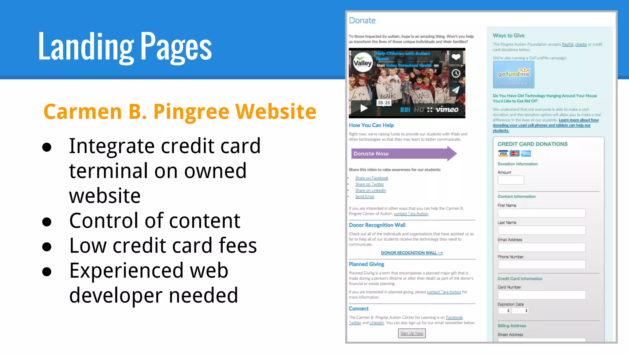 Landing Pages
Carmen B. Pingree Website
● Integrate credit card
terminal on owned
website
● Control of content
● Low credit card fees
● Experienced web
developer needed
 