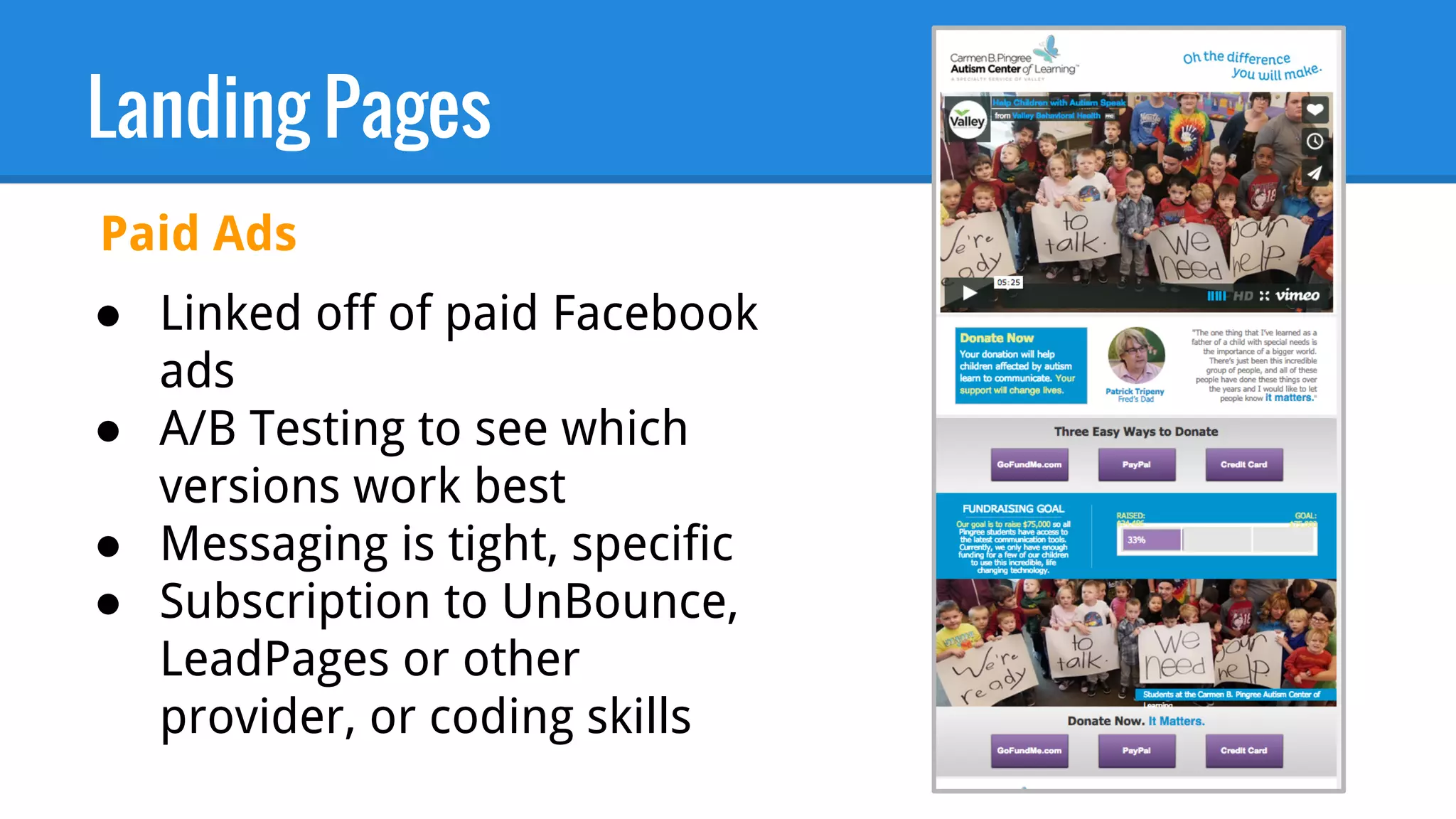 Landing Pages
Paid Ads
● Linked off of paid Facebook
ads
● A/B Testing to see which
versions work best
● Messaging is tight, specific
● Subscription to UnBounce,
LeadPages or other
provider, or coding skills
 