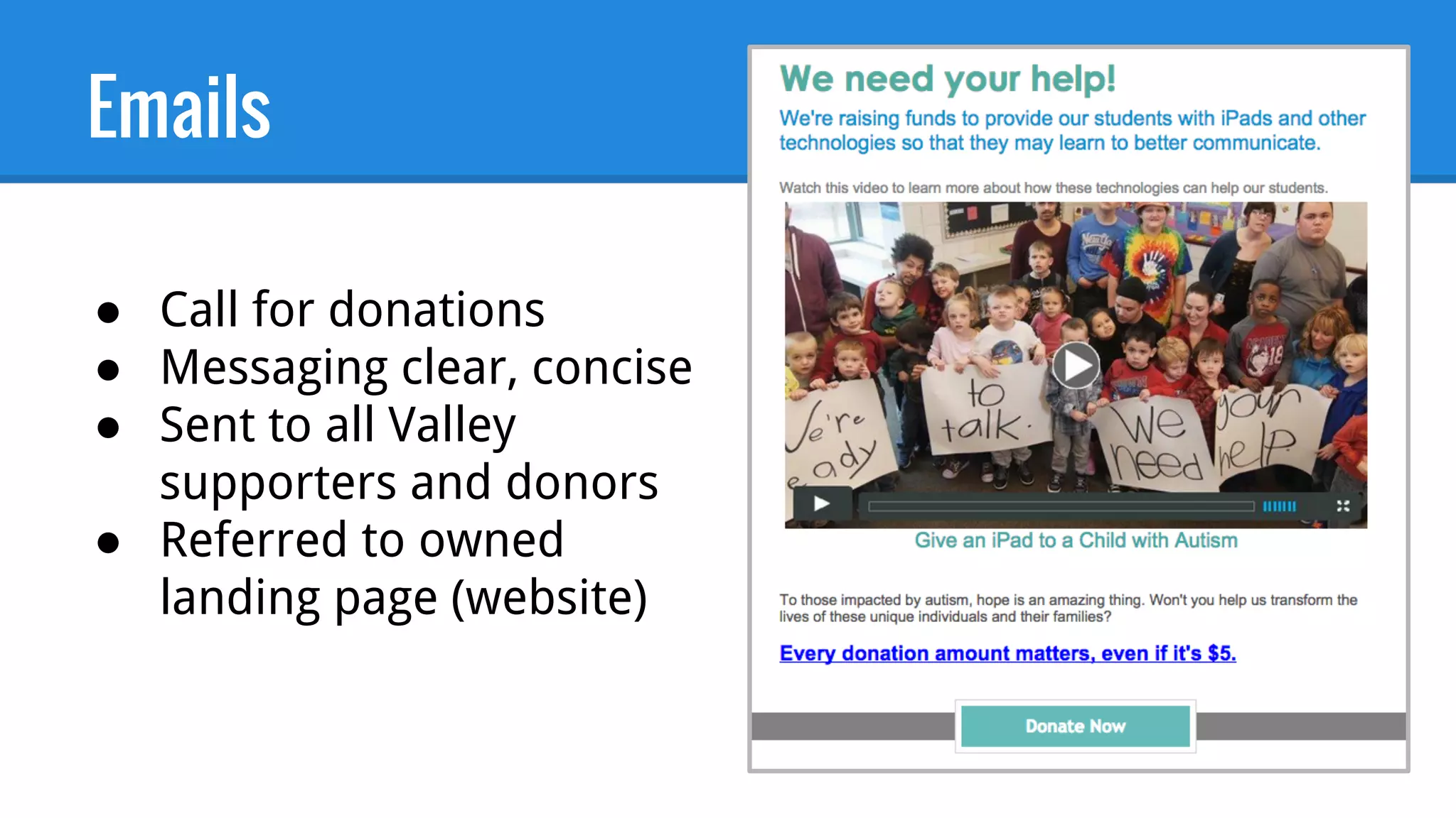 Emails
● Call for donations
● Messaging clear, concise
● Sent to all Valley
supporters and donors
● Referred to owned
landing page (website)
 
