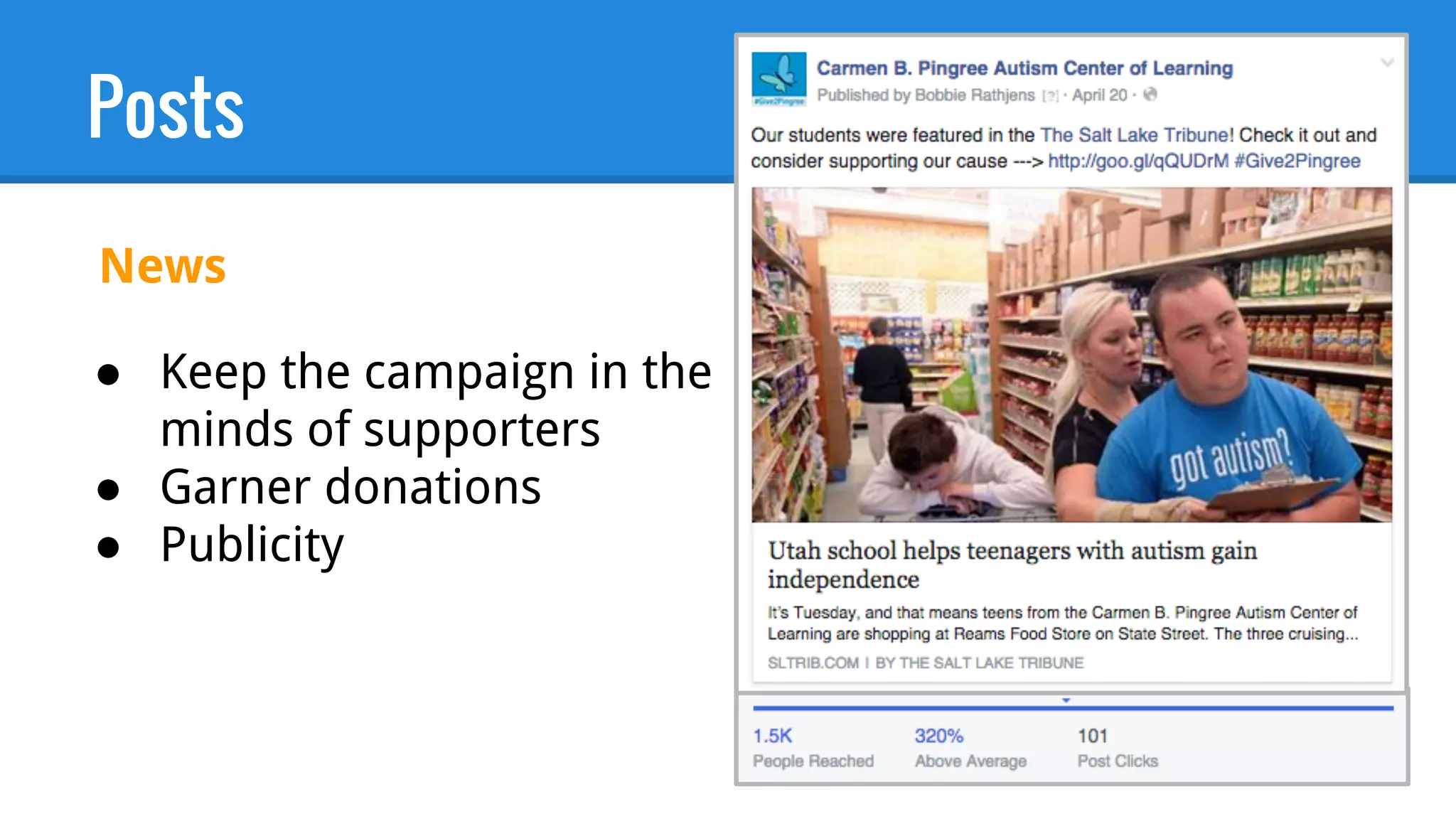 Posts
● Keep the campaign in the
minds of supporters
● Garner donations
● Publicity
News
 