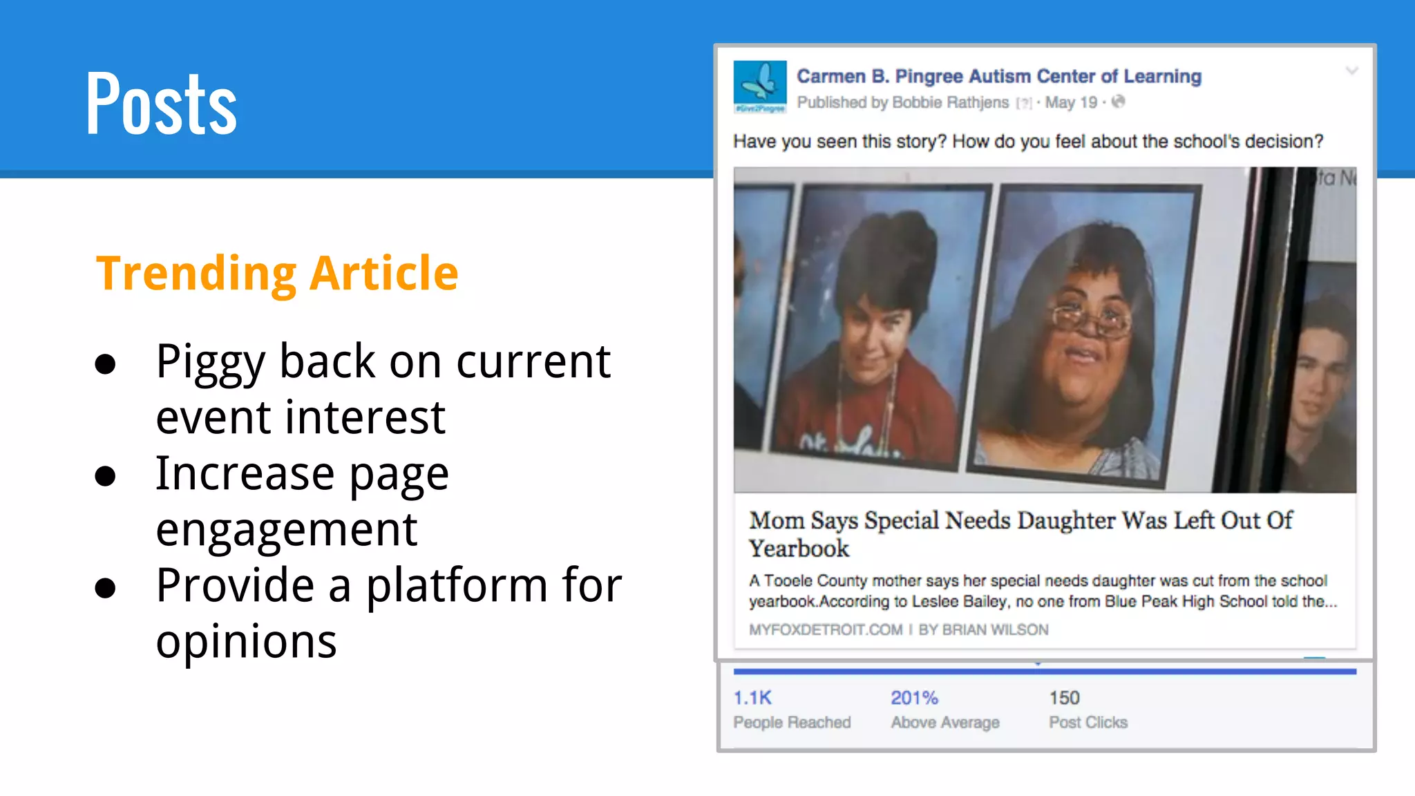 Posts
● Piggy back on current
event interest
● Increase page
engagement
● Provide a platform for
opinions
Trending Article
 