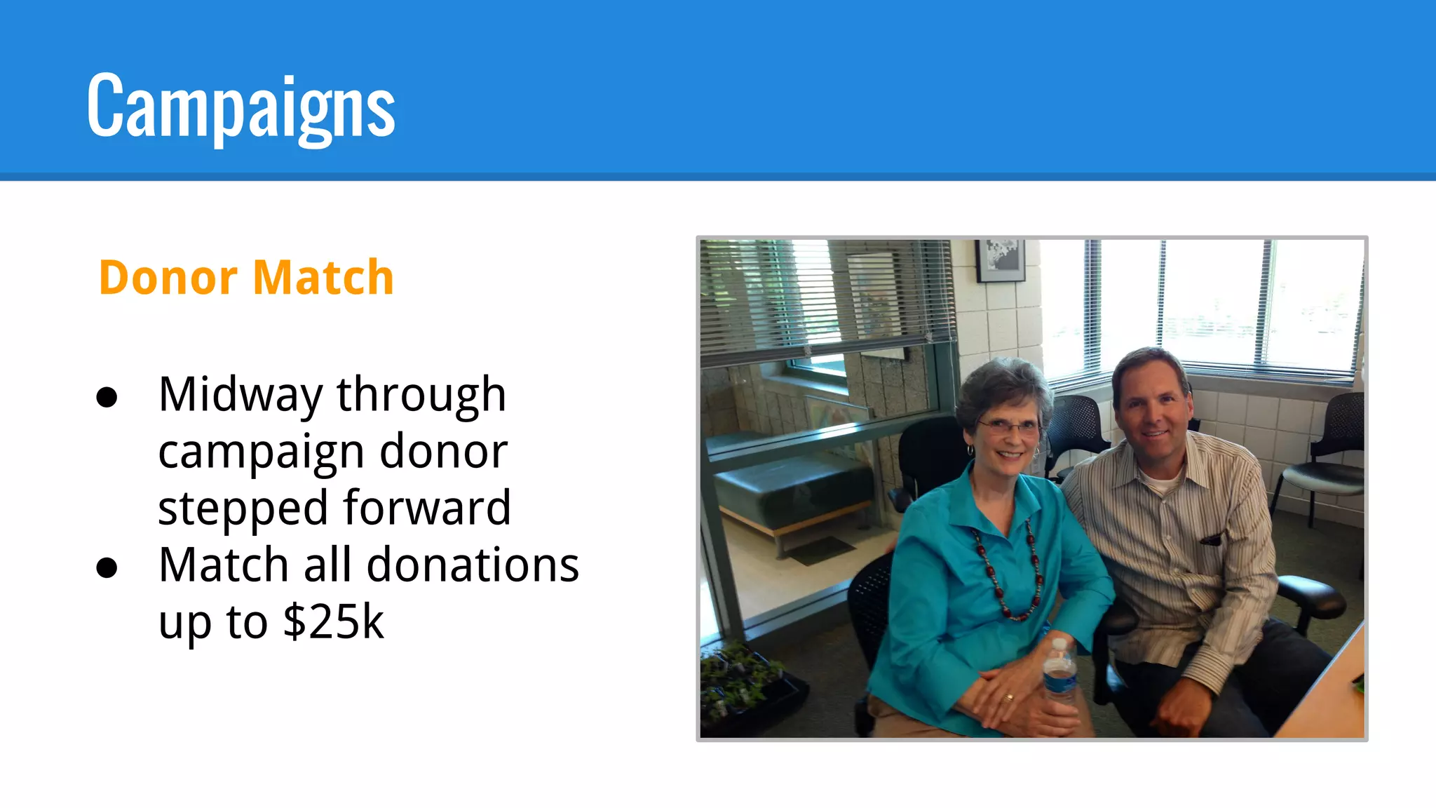 Campaigns
● Midway through
campaign donor
stepped forward
● Match all donations
up to $25k
Donor Match
 