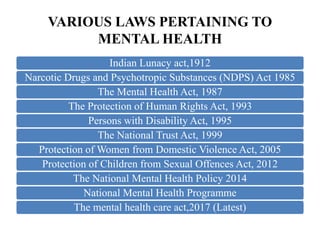 VARIOUS LAWS PERTAINING TO
MENTAL HEALTH
Indian Lunacy act,1912
Narcotic Drugs and Psychotropic Substances (NDPS) Act 1985
The Mental Health Act, 1987
The Protection of Human Rights Act, 1993
Persons with Disability Act, 1995
The National Trust Act, 1999
Protection of Women from Domestic Violence Act, 2005
Protection of Children from Sexual Offences Act, 2012
The National Mental Health Policy 2014
National Mental Health Programme
The mental health care act,2017 (Latest)
 