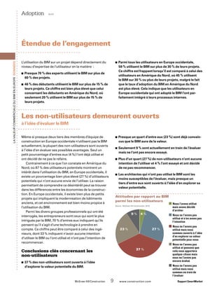Source : McGraw-Hill Construction, 2010
Attitudes par rapport au BIM
parmi les non-utilisateurs
■ Nous l’avons utilisé
mais avons décidé
d’arrêter
■ Nous ne l’avons pas
utilisé et n’en avons pas
l’intention
■ Nous ne l’avons pas
utilisé mais nous
sommes ouverts à l’idée
d’en explorer sa valeur
potentielle pour nous
■ Nous ne l’avons pas
utilisé et pensons que
cela nous apportera
quelque-chose mais
nous ne l’avons pas
encore évalué
■ Nous ne l’avons pas
utilisé mais nous
sommes en train de
l’évaluer
4 %
27 %
37 %
23 %
9 %
	 McGraw-Hill Construction   9  www.construction.com Rapport SmartMarket
LavaleurcommercialeduBIMenEurope Données
L’utilisation du BIM sur un projet dépend directement du
niveau d’expertise de l’utilisateur en la matière :
Presque 70 % des experts utilisent le BIM sur plus de■■
60 % des projets.
46 % des débutants utilisent le BIM sur plus de 15 % de■■
leurs projets. Ce chiffre est bien plus élevé que celui
concernant les débutants en Amérique du Nord, où
seulement 20 % utilisent le BIM sur plus de 15 % de
leurs projets.
Parmi tous les utilisateurs en Europe occidentale,■■
59 % utilisent le BIM sur plus de 30 % de leurs projets.
Ce chiffre est frappant lorsqu’il est comparé à celui des
utilisateurs en Amérique du Nord, où 45 % utilisent
le BIM sur 30 % ou plus de leurs projets, malgré le fait
que le taux d’adoption du BIM en Amérique du Nord
est plus élevé. Cela indique que les utilisateurs en
Europe occidentale qui ont adopté le BIM l’ont par-
faitement intégré à leurs processus internes.
Même si presque deux tiers des membres d’équipe de
construction en Europe occidentale n’utilisent pas le BIM
actuellement, la plupart des non-utilisateurs sont ouverts
à l’idée d’en évaluer ses possibles avantages. Seul un
petit pourcentage d’entres eux (4 %) l’ont déjà utilisé et
ont décidé de ne pas le refaire.
Contrairement à ce que l’on constate en Amérique du
Nord, où 87 % des utilisateurs potentiels montrent un
intérêt dans l’utilisation du BIM, en Europe occidentale, il
existe un pourcentage bien plus élevé (27 %) d’utilisateurs
potentiels qui n’ont aucune envie de l’utiliser. La raison
permettant de comprendre ce désintérêt peut se trouver
dans les différences entre les économies de la construc-
tion. En Europe occidentale, il existe bien plus de petits
projets qui impliquent la modernisation de bâtiments
anciens, et cet environnement est bien moins propice à
l’utilisation du BIM.
Parmi les divers groupes professionnels qui ont été
interrogés, les entrepreneurs sont ceux qui sont le plus
intrigués par le BIM, 70 % d’entres eux indiquant qu’ils
pensent qu’il s’agit d’une technologie à prendre en
compte. Ce chiffre peut être comparé à celui des ingé-
nieurs, dont 33 % indiquent n’avoir aucune intention
d’utiliser le BIM ou l’ont utilisé et n’ont pas l’intention de
recommencer.
Conclusions clés concernant les
non-utilisateurs
37 % des non-utilisateurs sont ouverts à l’idée■■
d’explorer la valeur potentielle du BIM.
Presque un quart d’entre eux (23 %) sont déjà convain-■■
cus que le BIM aura de la valeur.
Seulement 9 % sont actuellement en train de l’évaluer■■
mais ne l’ont pas encore essayé.
Plus d’un quart (27 %) de non-utilisateurs n’ont aucune■■
intention de l’utiliser et 4 % l’ont essayé et ont décidé
de ne pas recommencer.
Les architectes qui n’ont pas utilisé le BIM sont les■■
moins susceptibles de l’évaluer, mais presque un
tiers d’entre eux sont ouverts à l’idée d’en explorer sa
valeur potentielle.
Les non-utilisateurs demeurent ouverts
à l’idée d’évaluer le BIM
Adoption  suite
Étendue de l’engagement
 