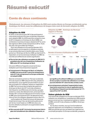 Nombre d’années d’utilisation du BIM
Source : McGraw-Hill Construction, 2010.
1 an		 2 ans	 3 ans	 4 ans	 5 ans	 Plus de 5 ans	
Amérique
du Nord
Europe
22 %
26 %
18 %
10 %
6 %
18 %18 %
14 % 14 %
10 % 10 %
34 %
Adoption du BIM - Amérique du Nord par
rapport à l’Europe
Source : McGraw-Hill Construction, 2010.
28 % 49 % 36 %
	 2007	 2009	 2010
Amérique du
Nord
Europe
Rapport SmartMarket 	 McGraw-Hill Construction   4  www.construction.com
qui signifie qu’ils utilisent le BIM pour au moins 30 %
de leurs projets, le nombre des utilisateurs à ce niveau
pourrait atteindre 75 % dans les deux années à venir.
Les entrepreneurs prévoient l’augmentation la plus■■
importante concernant la mise en application parmi
les utilisateurs fréquents qui devraient passer de 11 %
aujourd’hui à 54 % en 2012.
Valeur globale du BIM
Trois quarts des utilisateurs en Europe occidentale (74 %)
indiquent une rentabilité sur investissement (RSI) positive
perçue concernant leur investissement global en matière
de BIM, contre 63 % des utilisateurs du BIM en Amérique
du Nord.
Sur les deux marchés, ceux qui l’ont formellement
mesurée rapportent une rentabilité sur investissement
(RSI) plus grande que ceux qui basent leur jugement sur
une simple perception. En Europe occidentale, presque la
Adoption du BIM
En 2010, un peu plus du tiers (36 %) des participants à
cette étude provenant d’Europe occidentale indiquaient
avoir adopté le BIM. Ce chiffre peut être comparé au taux
de 49 % d’adoption en Amérique du Nord (2009). Les
architectes en sont les principaux adoptants (47 %), suivis
des ingénieurs (38 %) et des entrepreneurs (24 %). Toute-
fois cela n’est que le début de l’histoire.
Parmi les utilisateurs en Europe Occidentale, 45 %
se définissent comme experts ou utilisateurs avancés,
ce qui est plus élevé que le résultat obtenu pour l’étude
portant sur l’Amérique du Nord en 2009, qui était de 42 %.
Cependant, en termes de temps d’utilisation du BIM, les
marchés sont différents de manière significative :
Plus du tiers des utilisateurs européens du BIM (34 %)■■
possèdent plus de 5 ans d’expérience d’utilisation du
BIM contre 18 % en Amérique du Nord.
Une autre différence frappante concernant le taux
d’adoption parmi les entrepreneurs apparaît :
Contrairement à l’Amérique du Nord, où l’adoption■■
du BIM s’est accrue de 50 % parmi les entrepreneurs,
seuls 24 % des entrepreneurs en Europe occidentale
ont adopté le BIM.
Dans les conclusions portant sur l’Europe occidentale,
70 % des experts en BIM indiquent être des utilisateurs
très fréquents, ce qui signifie que plus de 60 % du port-
folio de projets d’un utilisateur repose sur l’application
du BIM. Ceci se trouve dans la lignée des experts en
Amérique du Nord, dont 67 % sont des utilisateurs
très fréquents. Les différences entre les deux groupes
existent au niveau des débutants dont, en Europe Occi-
dentale, 46 % consacrent déjà plus de 15 % de leur travail
au BIM, alors que seulement 20 % de débutants améri-
cains en font une utilisation dépassant la barre des 15 %.
Les Européens de l’Ouest font preuve de beaucoup
d’optimisme lorsqu’il leur est demandé quelle sera la
part de leur travail basée sur le BIM dans deux ans,
tous les utilisateurs prévoyant une augmentation saine.
Par exemple :
Alors que près de 60 % de toutes les personnes interro-■■
gées sont actuellement des utilisateurs fréquents, ce
LavaleurcommercialeduBIMenEurope
Globalement, les niveaux d’adoption du BIM sont moins élevés en Europe occidentale qu’en
Amérique du Nord, mais les utilisateurs de longue date sont de fervents adeptes du BIM.
Résumé exécutif
Conte de deux continents
 