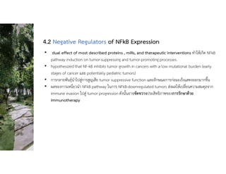 • dual effect of most described proteins , miRs, and therapeutic interventions ทําใหเกิด NFkB
pathway induction on tumor-suppressing and tumor-promoting processes.
• hypothesized that NF-kB inhibits tumor growth in cancers with a low mutational burden (early
stages of cancer และ potentially pediatric tumors)
• การกลายพันธุนําไปสูการสูญเสีย tumor suppressive function และลักษณะการกอมะเร็งแสดงออกมากขึ้น
• ผลของการเหนี่ยวนํา NFkB pathway ในการ NFkB-downregulated tumors สงผลใหเปลี่ยนความสมดุลจาก
immune evasion ไปสู tumor progression ดังนั้นอาจขัดขวางประสิทธิภาพของการรักษาดวย
immunotherapy
4.2 Negative Regulators of NFkB Expression
 