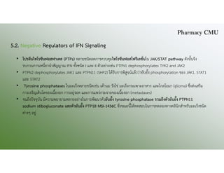 5.2. Negative Regulators of IFN Signaling
• โปรตีนไทโรซีนฟอสฟาเตส (PTPs) หลายชนิดลดการควบคุมไทโรซีนฟอสโฟรีเลชั่นใน JAK/STAT pathway ดังนั้นจึง
รบกวนการเหนี่ยวนําสัญญาณ IFN ทั้งชนิด I และ II ตัวอยางเชน PTPN1 dephosphorylates TYK2 and JAK2
• PTPN2 dephosphorylates JAK1 และ PTPN11 (SHP2) ไดรับการพิสูจนแลววายับยั้ง phosphorylation ของ JAK1, STAT1
และ STAT2
• Tyrosine phosphatases ในมะเร็งหลายชนิดเชน เตานม รังไข มะเร็งกระเพาะอาหาร และไกลโอมา (glioma) ซึ่งสงเสริม
การเจริญเติบโตของเนื้องอก การอยูรอด และการแพรกระจายของเนื้องอก (metastases)
• จนถึงปจจุบัน มีความพยายามหลายอยางในการพัฒนาตัวยับยั้ง tyrosine phosphatase รวมถึงตัวยับยั้ง PTPN11
sodium stibogluconate และตัวยับยั้ง PTP1B MSI-1436C ซึ่งขณะนี้ไดทดสอบในการทดลองทางคลินิกสําหรับมะเร็งชนิด
ตางๆ อยู
Pharmacy CMU
 