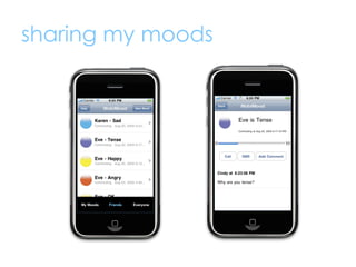 field study of mobimood
•  15 users, mostly male, 5 closely-knit
   groups
•  2 week period in August 2009
•  Pre and post...