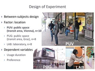 Design of Experiment
 Between-subjects design
 Factor: location
 PUV: public space
(transit area, Vienna), n=10
 PUG: public space
(transit area, Graz), n=8
 LAB: laboratory, n=8
 Dependent variables
 Usage duration
 Preference
PUV
PUG LAB
 