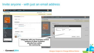 Invite anyone - with just an email address

Integrates with your business control
systems to allow invitation
directly from within
the community

16

Designs Subject to Change Without Notice

 