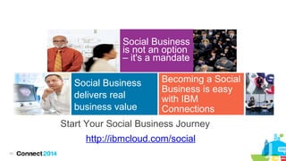 Social Business
is not an option
– it's a mandate
Social Business
delivers real
business value

Becoming a Social
Business is easy
with IBM
Connections

Start Your Social Business Journey
http://ibmcloud.com/social
42

 