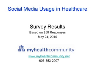 Social Media Use in Healthcare ,[object Object],[object Object],[object Object],www.myhealthcommunity.net 603-553-2997 www.myhealthcommunity.net 603-553-2997 