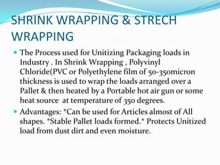 SHRINK WRAPPING & STRECH
WRAPPING
 The Process used for Unitizing Packaging loads in
  Industry . In Shrink Wrapping , Polyvinyl
  Chloride(PVC or Polyethylene film of 50-350micron
  thickness is used to wrap the loads arranged over a
  Pallet & then heated by a Portable hot air gun or some
  heat source at temperature of 350 degrees.
 Advantages: *Can be used for Articles almost of All
  shapes. *Stable Pallet loads formed.* Protects Unitized
  load from dust dirt and even moisture.
 