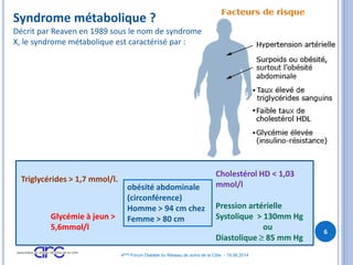 Syndrome métabolique ?
Décrit par Reaven en 1989 sous le nom de syndrome
X, le syndrome métabolique est caractérisé par :
Triglycérides > 1,7 mmol/l.
obésité abdominale
(circonférence)
Homme > 94 cm chez
Femme > 80 cm
Pression artérielle
Systolique > 130mm Hg
ou
Diastolique 85 mm Hg
Glycémie à jeun >
5,6mmol/l
Cholestérol HD < 1,03
mmol/l
6
4ème Forum Diabète du Réseau de soins de la Côte - 19.06.2014
 