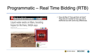 Programmatic – Real Time Bidding (RTB)
• How did Big O Tires get their ad here?
They bid on it similar to how you bid in
AdWords but with some key differences.
 