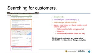 Searching for customers.
• Search words
• Search Engine Optimization (SEO)
• Search Engine Marketing (SEM)
• Maps … now limited to 4 due to mobile – must
scroll to get more
• Relevance to what is being searched
• Distance
• Prominence (how well known you are)
All of these investments are made with a
blindfold if you do not use Google Analytics.
 