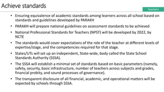 Achieve standards Teachers
• Ensuring equivalence of academic standards among learners across all school based on
standards and guidelines developed by PARAKH
• PARAKH will prepare national guidelines on assessment standards to be achieved
• National Professional Standards for Teachers (NPST) will be developed by 2022, by
NCTE
• The standards would cover expectations of the role of the teacher at different levels of
expertise/stage, and the competencies required for that stage.
• States/UTs will set up an independent, State-wide, body called the State School
Standards Authority (SSSA).
• The SSSA will establish a minimal set of standards based on basic parameters (namely,
safety, security, basic infrastructure, number of teachers across subjects and grades,
financial probity, and sound processes of governance).
• The transparent disclosure of all financial, academic, and operational matters will be
expected by schools through SSSA.
 
