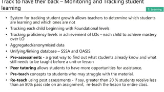 Track to have their back – Monitoring and Tracking student
learning S. Learning
• System for tracking student growth allows teachers to determine which students
are learning and which ones are not
• Tracking each child beginning with Foundational levels
• Tracking proficiency levels in achievement of LOs – each child to achieve mastery
over LO
• Aggregated/anonymised data
• Unifying/linking database – SSSA and OASIS
• Pre-assessments - a great way to find out what students already know and what
still needs to be taught before a unit or lesson
• Peer tutoring allows students to have more opportunities for assistance.
• Pre-teach concepts to students who may struggle with the material.
• Re-teach using post assessments - if say, greater than 20 % students receive less
than an 80% pass rate on an assignment, re-teach the lesson to entire class.
 