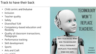 Track to have their back
• Child centric and Inclusive
• Inclusion
• Teacher quality
• Safety
• Diversified TLM
• Competency-based education and
flexibility
• Quality of classroom transactions,
Pedagogies
• Performance tracking
• Skill development
• Sports
• Arts and Craft
 