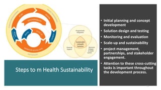 Steps to m Health Sustainability
• Initial planning and concept
development
• Solution design and testing
• Monitoring and evaluation
• Scale-up and sustainability
• project management,
partnerships, and stakeholder
engagement.
• Attention to these cross-cutting
tasks is important throughout
the development process.
15
 