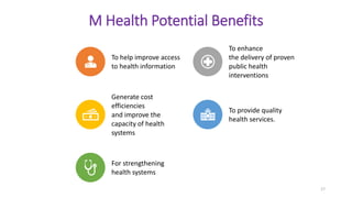 M Health Potential Benefits
To help improve access
to health information
To enhance
the delivery of proven
public health
interventions
Generate cost
efficiencies
and improve the
capacity of health
systems
To provide quality
health services.
For strengthening
health systems
17
 
