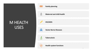 M HEALTH
USES
Family planning
Maternal and child health
HIV/AIDS
Vector Borne Diseases
Tuberculosis
Health system functions
7
 