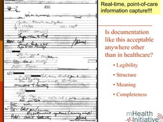 Real-time, point-of-care
information capture!!!


 Is documentation
 like this acceptable
 anywhere other
 than in healthcare?
     • Legibility
     • Structure
     • Meaning
     • Completeness
 