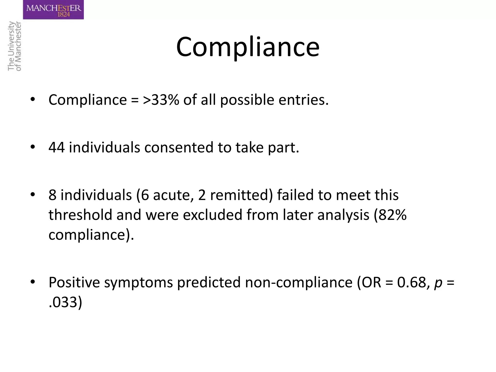 Compliance
• Compliance = >33% of all possible entries.

• 44 individuals consented to take part.

• 8 individuals (6 acute, 2 remitted) failed to meet this
  threshold and were excluded from later analysis (82%
  compliance).

• Positive symptoms predicted non-compliance (OR = 0.68, p =
  .033)
 
