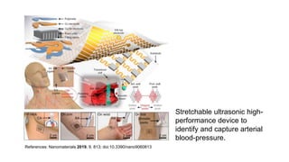 References: Nanomaterials 2019, 9, 813; doi:10.3390/nano9060813
Stretchable ultrasonic high-
performance device to
identify and capture arterial
blood-pressure.
 