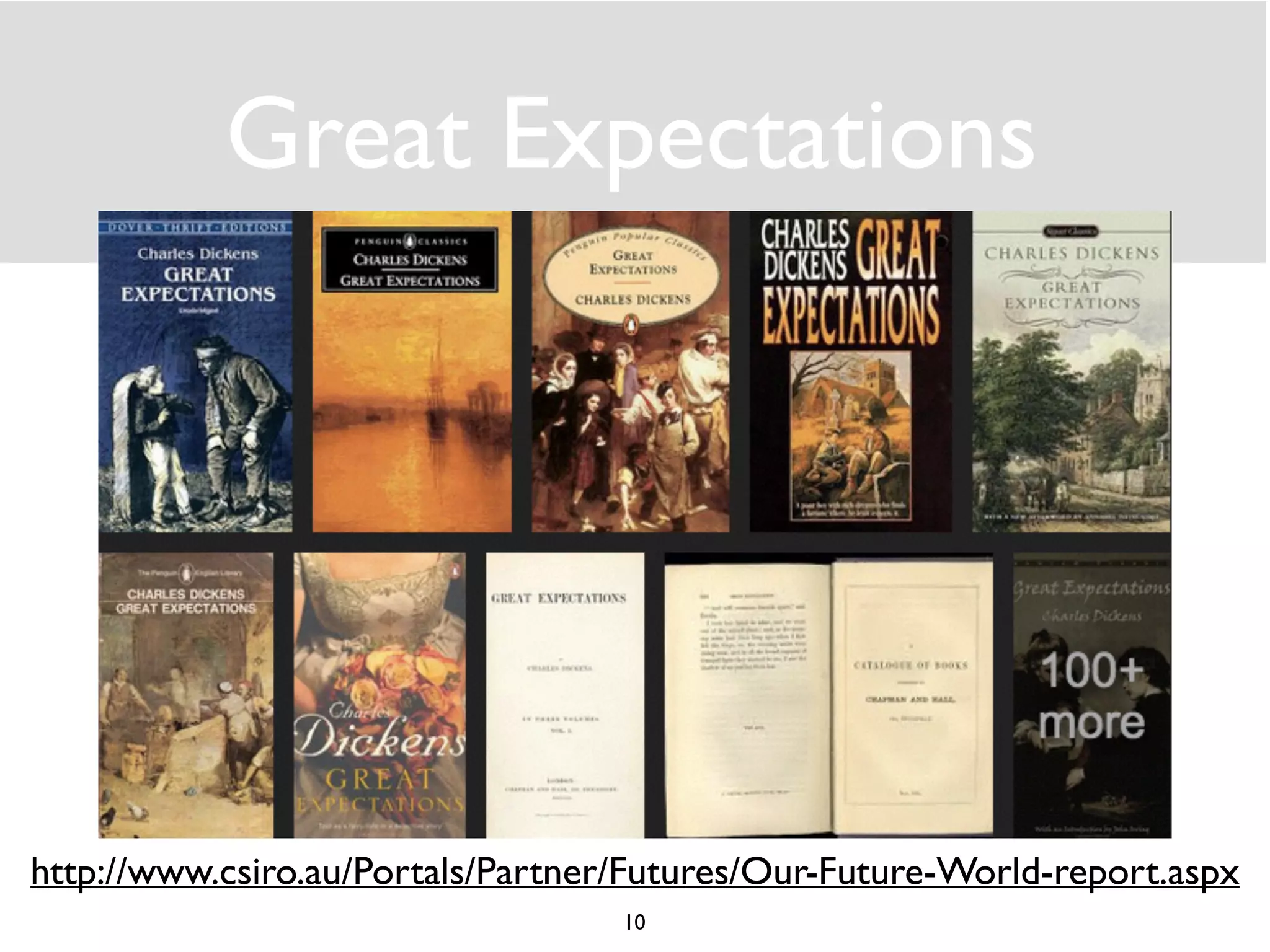 Great Expectations 
http://www.csiro.au/Portals/Partner/Futures/Our-Future-World-report.aspx 
10 
 