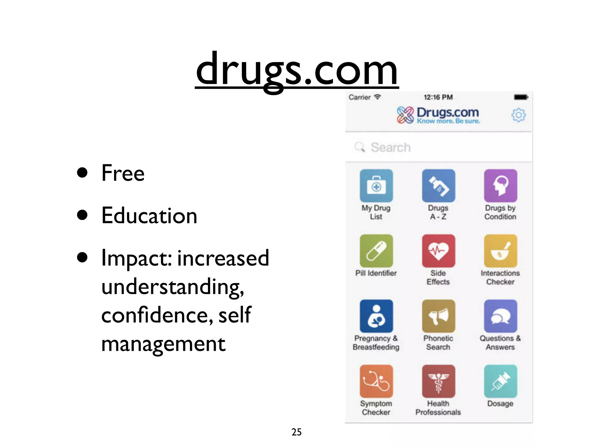 drugs.com 
• Free 
• Education 
• Impact: increased 
understanding, 
confidence, self 
management 
25 
 