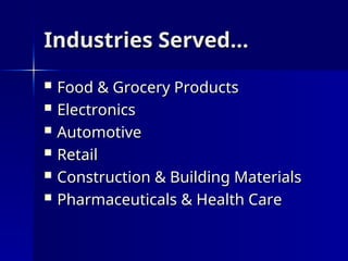 Industries Served…
Industries Served…
 Food & Grocery Products
Food & Grocery Products
 Electronics
Electronics
 Automotive
Automotive
 Retail
Retail
 Construction & Building Materials
Construction & Building Materials
 Pharmaceuticals & Health Care
Pharmaceuticals & Health Care
 