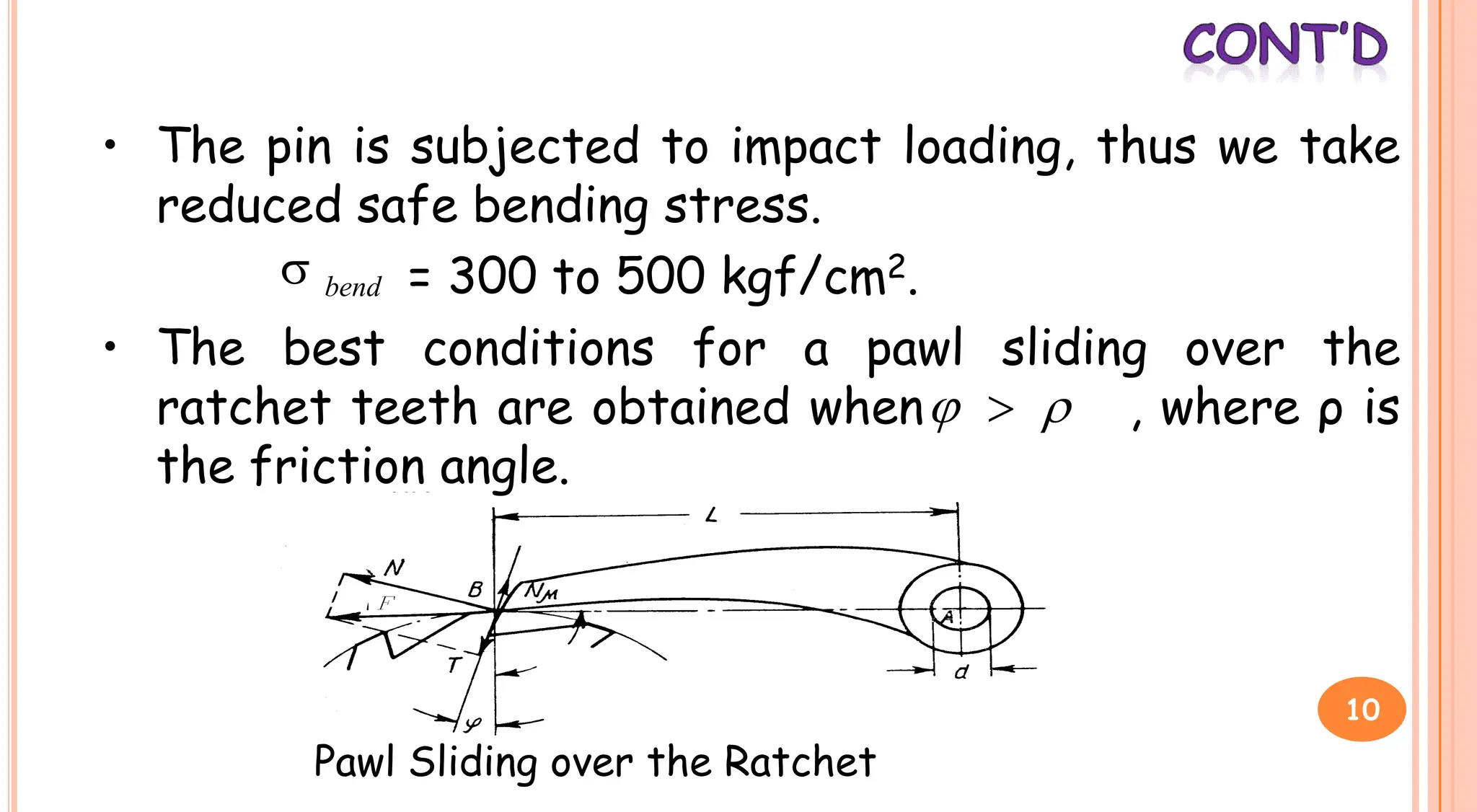• The pin is subjected to impact loading, thus we take
reduced safe bending stress.
= 300 to 500 kgf/cm2.
• The best conditions for a pawl sliding over the
ratchet teeth are obtained when , where ρ is
bend


 
ratchet teeth are obtained when , where ρ is
the friction angle.

 
Pawl Sliding over the Ratchet
10
 