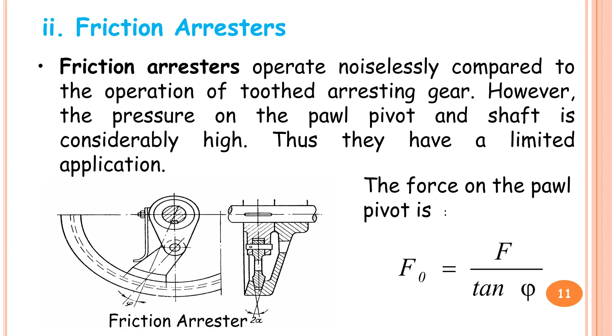 ii. Friction Arresters
• Friction arresters operate noiselessly compared to
the operation of toothed arresting gear. However,
the pressure on the pawl pivot and shaft is
considerably high. Thus they have a limited
application.
application.
Friction Arrester
The force on the pawl
pivot is :


tan
F
F0
11
 