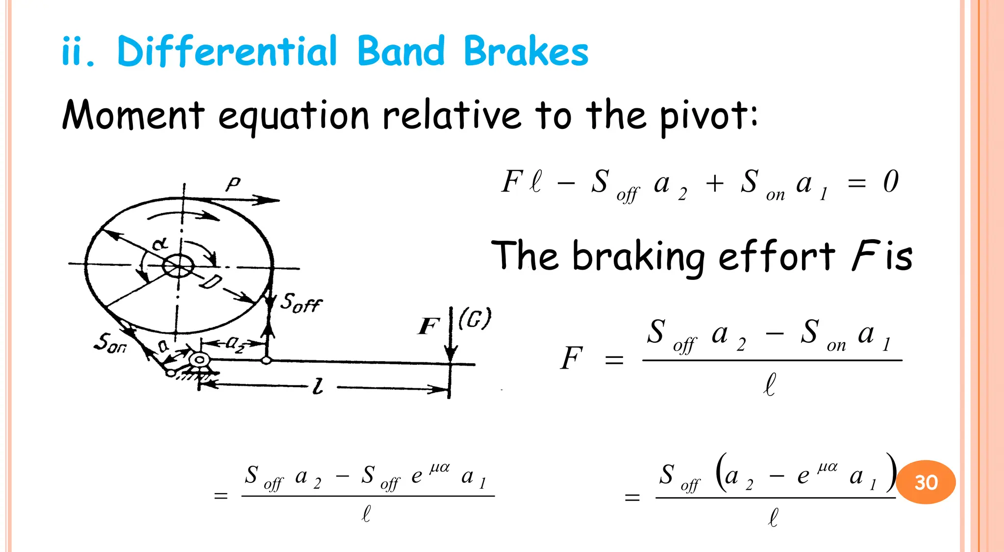 ii. Differential Band Brakes
Moment equation relative to the pivot:
0
a
S
a
S
F 1
on
2
off 



The braking effort F is
The braking effort F is

1
on
2
off a
S
a
S
F



1
off
2
off a
e
S
a
S 


 

1
2
off a
e
a
S 


30
 