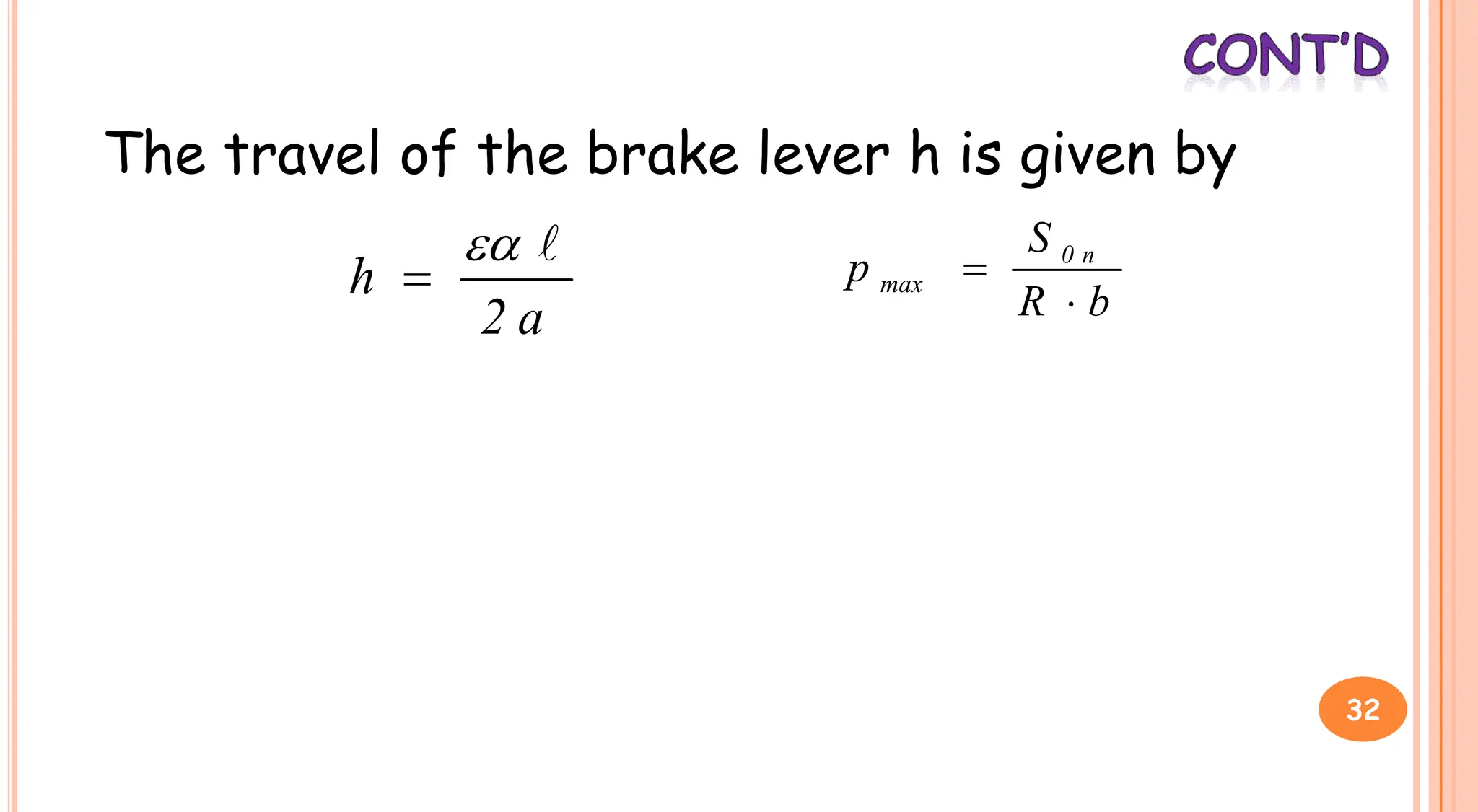 The travel of the brake lever h is given by
a
2
h


 b
R
S
p n
0
max


32
 