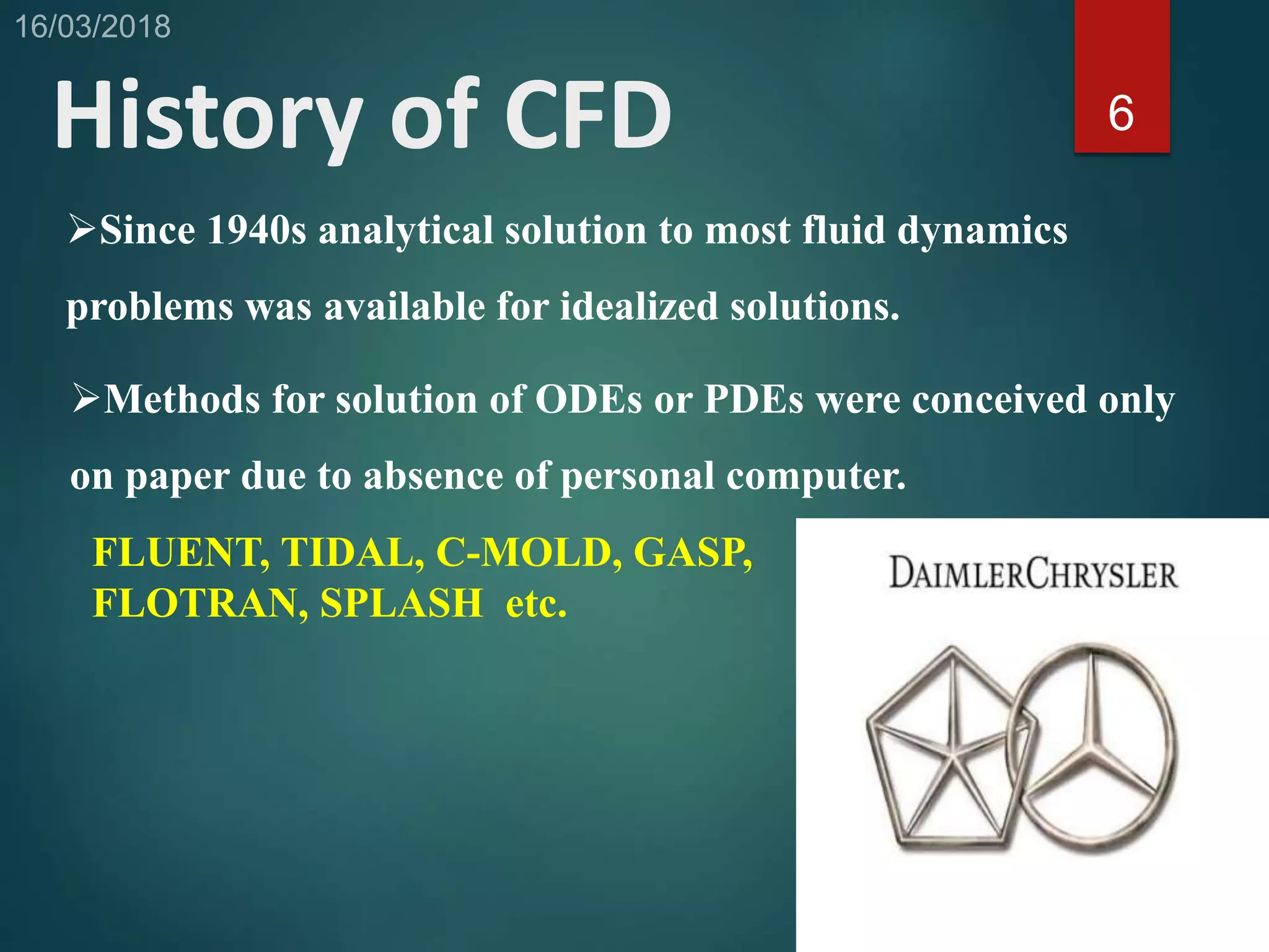 History of CFD 6
Since 1940s analytical solution to most fluid dynamics
problems was available for idealized solutions.
Methods for solution of ODEs or PDEs were conceived only
on paper due to absence of personal computer.
FLUENT, TIDAL, C-MOLD, GASP,
FLOTRAN, SPLASH etc.
 