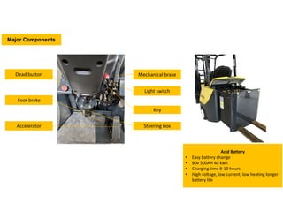 Light switch
Mechanical brake
Accelerator
Foot brake
Dead button
Key
Steering box
Acid Battery
• Easy battery change
• 80v 500AH 40 kwh
• Charging time 8-10 hours
• High voltage, low current, low heating longer
battery life
Major Components
 