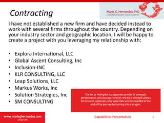 Examples of Coaching AssignmentsExecutive DevelopmentImproving Collaboration, Communication and Team Leadership Preparing for Media Interactions , Senate Testimony and SpeechesLeading a Diverse TeamLeading During a Series of Mergers and AcquisitionPreparing for Succession of Family BusinessTeam BuildingTeam Fundamentals™- A four hour session to look at Creating a Common Vision, Living Shared Values, Developing SMART Goals, and Best Practices to Promote Success.  Facilitated Retreat Sessions for Senior Executive Teams-Designed off-site meetings designed to look at past achievements, lessons learned, and envisioning a new future.Capabilities Presentation4