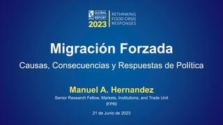 Manuel A. Hernandez
Senior Research Fellow, Markets, Institutions, and Trade Unit
IFPRI
21 de Junio de 2023
Migración Forzada
Causas, Consecuencias y Respuestas de Política
 