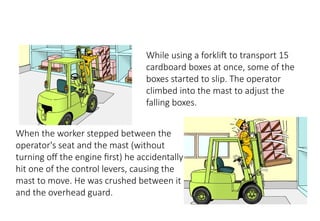 MHE Safe Operation
While using a forklift to transport 15
cardboard boxes at once, some of the
boxes started to slip. The operator
climbed into the mast to adjust the
falling boxes.
When the worker stepped between the
operator's seat and the mast (without
turning off the engine first) he accidentally
hit one of the control levers, causing the
mast to move. He was crushed between it
and the overhead guard.
 
