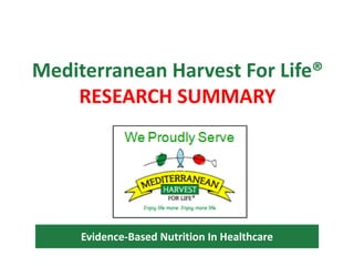 Mediterranean Harvest For Life®
RESEARCH SUMMARY
Evidence-Based Nutrition In Healthcare
®
 
